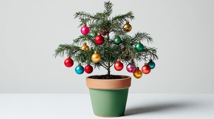 Wall Mural - small christmas tree with many colorful ornaments hanging from it. the tree is in a green pot and is