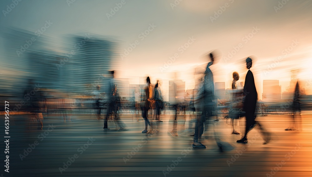 Blurry silhouettes of people walking in a city at sunset Stock Photo ...