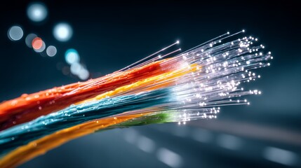 Colorful wire with a rainbow of colors is shown. The wire is long and thin, and it is a cable. The image has a sense of motion and energy, as if the wire is being pulled or stretched