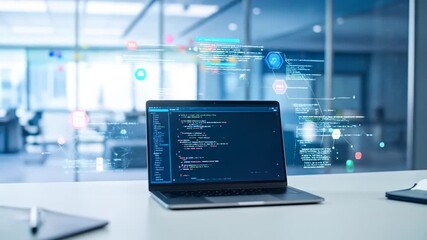 Modern Coding Environment: Digital Transformation and Futuristic Interface Visuals on a Laptop