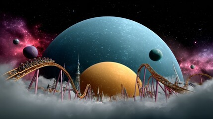 Wall Mural - Roller coaster is shown with a large planet in the background. The roller coaster is surrounded by a cloud of steam and the planet is surrounded by a cloud of smoke