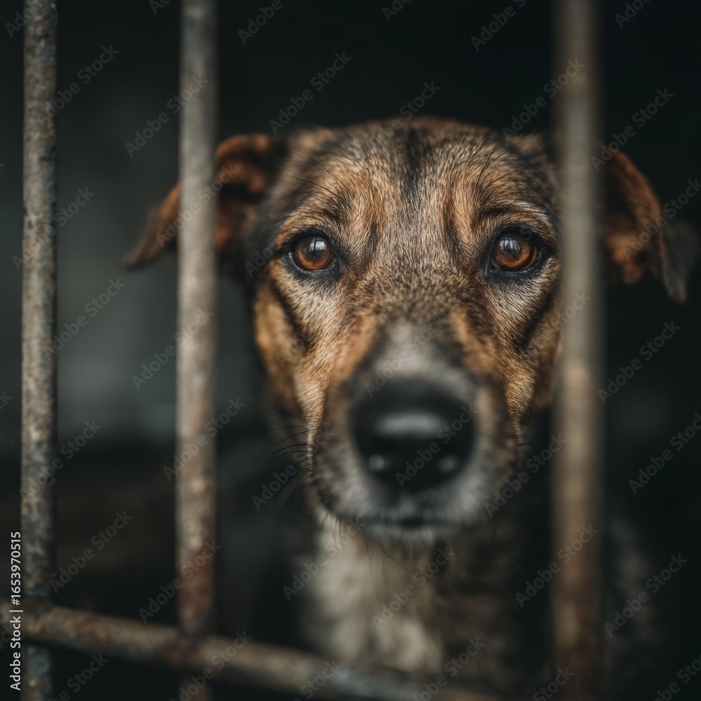 stray dog confined in a rusty cage at an animal shelter, looking sad ...