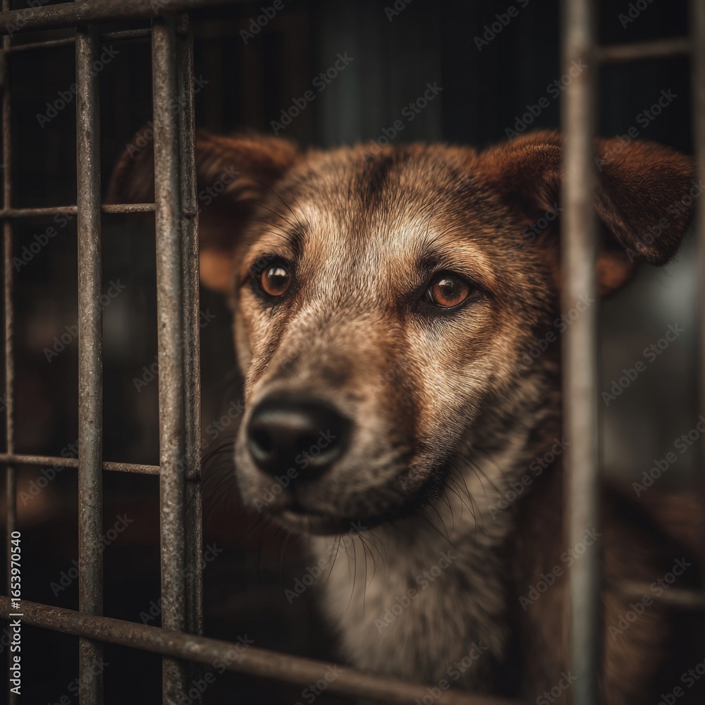 stray dog confined in a rusty cage at an animal shelter, looking sad ...