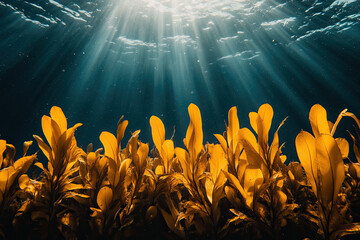 Wall Mural - underwater symphony of short golden leaves and algae