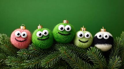 Wall Mural - group of green and pink knitted christmas ornaments with eyes. the green ones are smiling and the pi