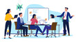 © Knut - A diverse group of business people in an office meeting, with a presenter standing by a whiteboard and colleagues seated with laptops, flat design vector illustration