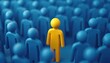© Maryna - Single yellow figure stands out from blurred crowd of blue figures, business strategy, HR, finding right people. Visual represents organizational psychology, diversity, inclusion, leadership