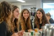 © Isha Men - Group of Israeli girls enjoying coffee in an office setting. The image conveys the energy of a multicultural workplace, highlighting teamwork and social interaction in a corporate, Generative AI