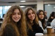 © Isha Men - Group of Israeli girls enjoying coffee in an office setting. The image conveys the energy of a multicultural workplace, highlighting teamwork and social interaction in a corporate, Generative AI