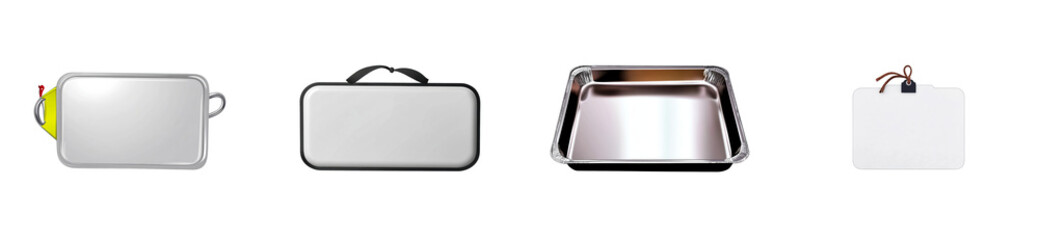 Four assorted blank rectangular containers with handles and labels, cut out transparent