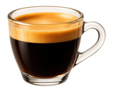 Fresh espresso coffee in a small glass cup with rich crema.