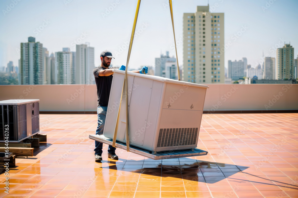 Grúa posicionando una unidad comercial en azotea urbana