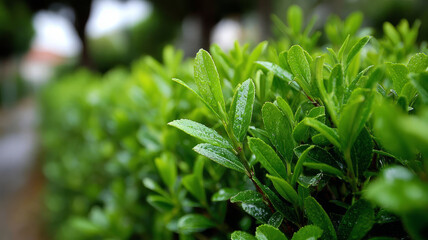 Naklejka na meble Close-up of vibrant green leaves with morning dew.
