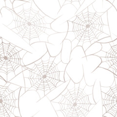 Seamless hand drawn watercolor style pattern of spider webs in soft beige tones. Ideal for Halloween decor, party invitations, fabric, wrapping paper, and seasonal digital or print designs.
