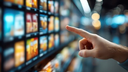 A hand interacts with a touchscreen display showcasing colorful images, highlighting digital engagement in a modern environment.