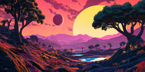 Wall Mural - Colorful alien landscape with twin planets in the sky