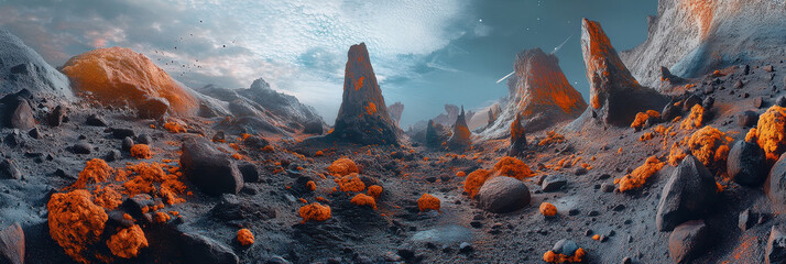 Wall Mural -  Alien rocky landscape with strange orange vegetation