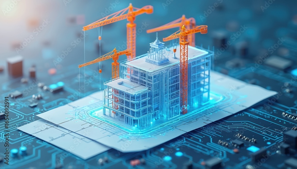 Building Information Modeling process with cranes constructing a ...