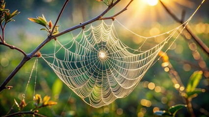 spider web with dew drops. Photorealistic shot of a single perfect spider web stretched between two thin twigs