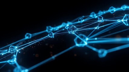 Abstract network of glowing blue polygons connected by lines against black background
