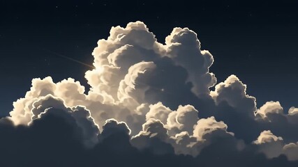 Cumulus clouds glow with golden light against a dark blue, starlit sky at dusk
