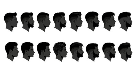 Wall Mural - Stylish collection of male head profiles showcasing a variety of contemporary hairstyles and beard styles. Vector silhouettes for men's grooming and fashion design.
