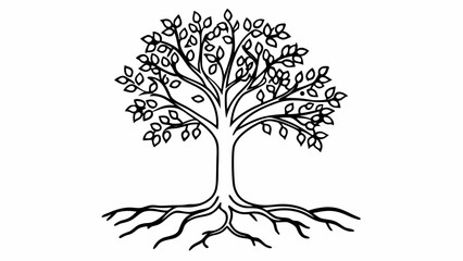 illustration of a tree with detailed leaves and roots in a minimalist black and white style design e