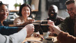© Felippe Lopes - Diverse friends celebrating with coffee, laughing and enjoying each other's company in a cozy café, sharing a moment of camaraderie.