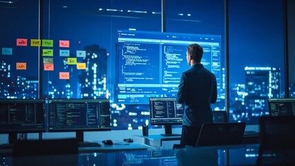 Cybersecurity Expert Analyzes Code in a Dark Office at Night in a High-Tech Environment