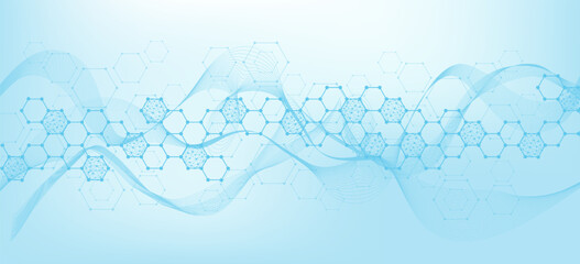 Wall Mural - health care or medical abstract background with hexagons, lines and dots. scientific innovation bann