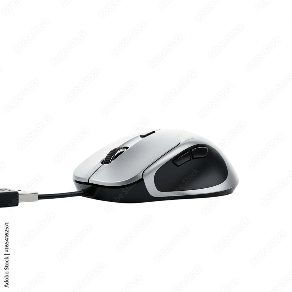 Modern computer mouse with scroll wheel and cable isolated on transparent background