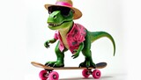 Green dinosaur wearing pink Hawaiian shirt, sunglasses, straw hat, skateboarding with pink wheels. Fun, vibrant, quirky reptile active on board, summer outdoor motion. Humorous lifestyle, fashion,