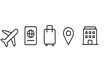 © Антон Сальников - Minimalist travel and lodging icons: airplane, passport, suitcase, location pin, hotel building on gray background