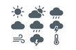 © Bundi - Stylized weather icons set: sun, clouds, rain, wind, lightning, thermometer on dark gradient