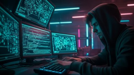 Focused programmer hacking into the digital world, coding on multiple monitors