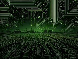 Futuristic farmland depicted through circuit board lines glows a vibrant green hue abstractly.