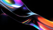 © basit - Black dark abstract background. Iridescent fluid glass wave. Prism shape 3D render. Smooth curve transition. Rainbow light flare. Bright glow shimmer. Neon metallic futuristic blur texture