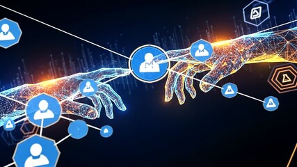 Conceptual animation of digital hands reaching towards each other in a network