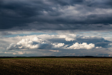 Wall Mural - Vast open fields under dramatic skies filled with cumulus clouds showcasing a mesmerizing interplay of light and shadow.