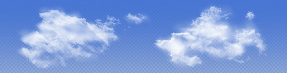 Wall Mural - Realistic white cloud formations on transparent sky background - fluffy cumulus shapes with soft edges floating in blue heaven atmosphere for weather forecast, nature scene or digital composition.