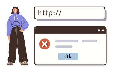 casual woman beside web browser window with error alert and ok button. ideal for digital error, inte