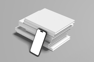 Smart phone mockup set blank isolated Transparent screen , High quality device front view shadow Mobile phone app with book cover arrangement realistic standing 3d book mockup with white blank cover i