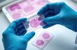 © Maryna - Close-up of gloved hands holding glass histology slides with purple stained tissue samples. Medical research involves microscopic analysis of biological specimens. Scientists examine cells for