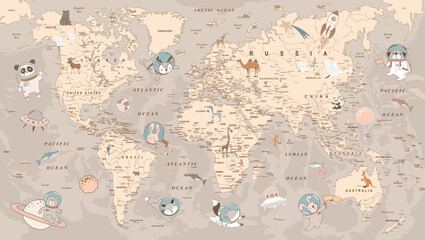  children's world map with astronauts, animals, planets for children's wallpapers and backgrounds and illustrations