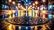 © RitaRuhi - Manhole cover on a wet city street at night with light reflections