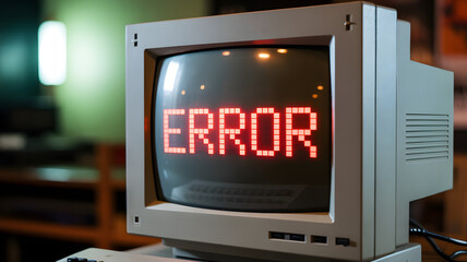 Retro computer screen displaying the red word ERROR message for technology