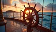 © Maryna - Ship steering wheel on calm sea at sunset. Wooden helm guides vessel, offering direction control. Captain navigation tool for sailing journeys, yacht cruises, maritime adventure. Nautical theme.
