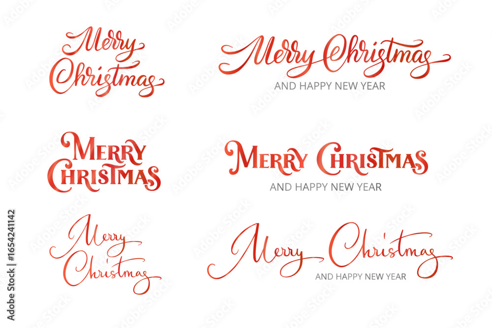 Set of red Merry Christmas and Happy New Year text designs. Calligraphy ...