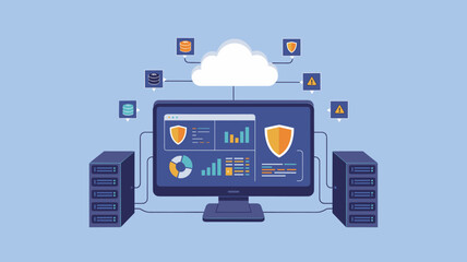 cloud security dashboard on computer monitor with servers, vector illustration