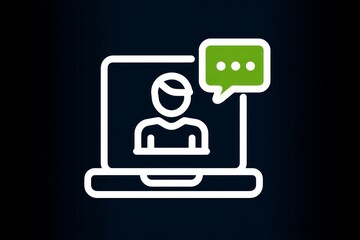 Online chat app with speech bubble showing on laptop computer screen with person using network communication